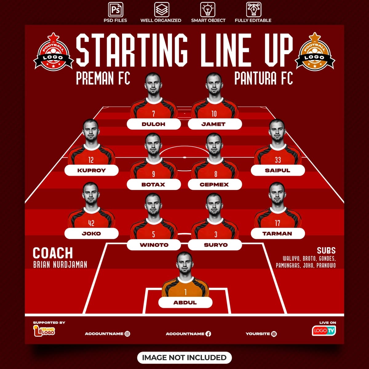 Ijtimoiy tarmoqdagi futbol sport tadbiri varaqasi shabloni | Starting line up football sport event flyer social media template