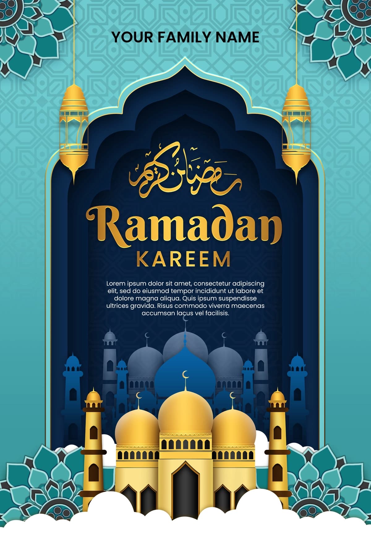 Moviy fonda masjid fonida Ramazon karim afishasi | Poster ramadan kareem with blue background mosque background