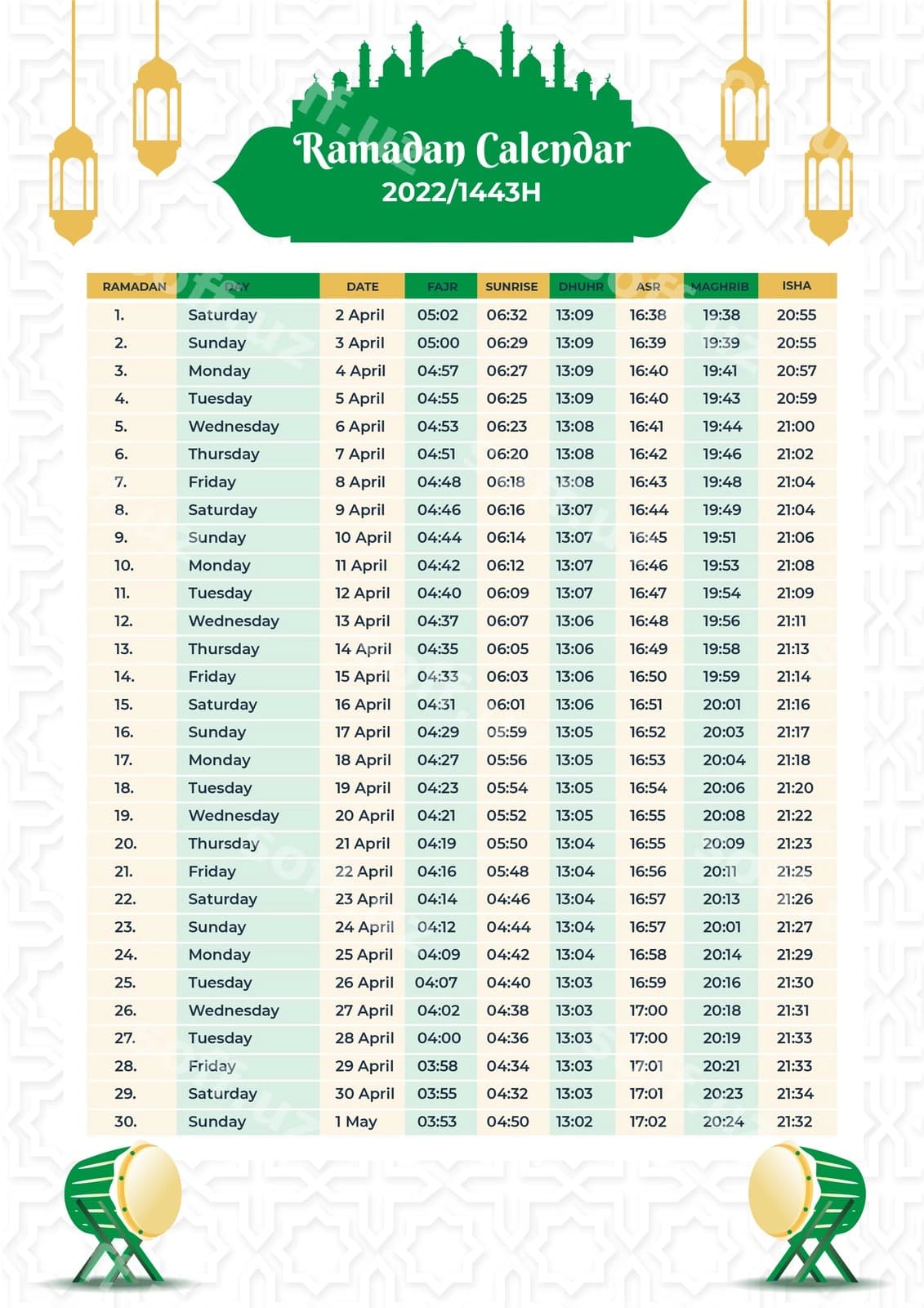Ramazon kalendar shabloni | Ramadan calendar template