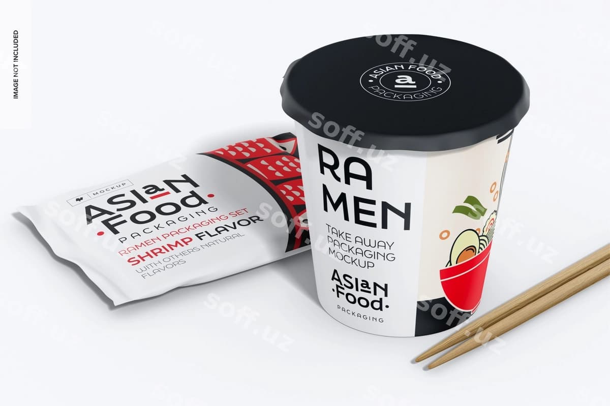 Ramen qadoqlash to'plami maket istiqboli | Ramen packaging set mockup perspective