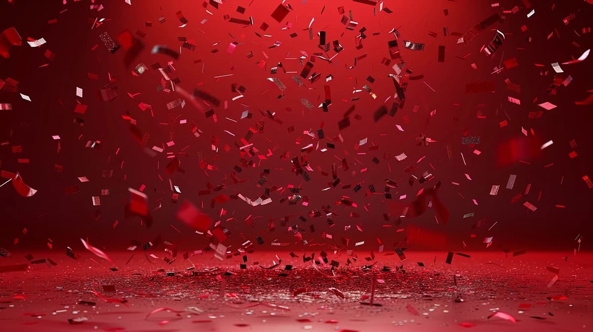 Qizil fonda qizil konfeti tushmoqda | Red confetti falling red background