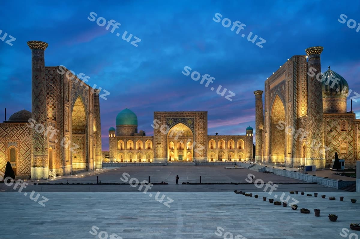 Registon maydoni, tush paytida samarqand, uzbekistan | Registan square dusk samarkand uzbekistan