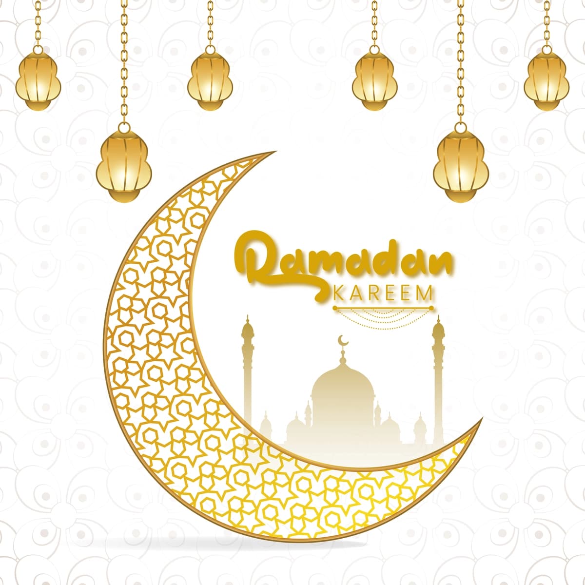 Oq fonda oy yulduzli lampalar bilan Ramazon karim tilaklari | Ramadan kareem wishing design with moon star lamps white background