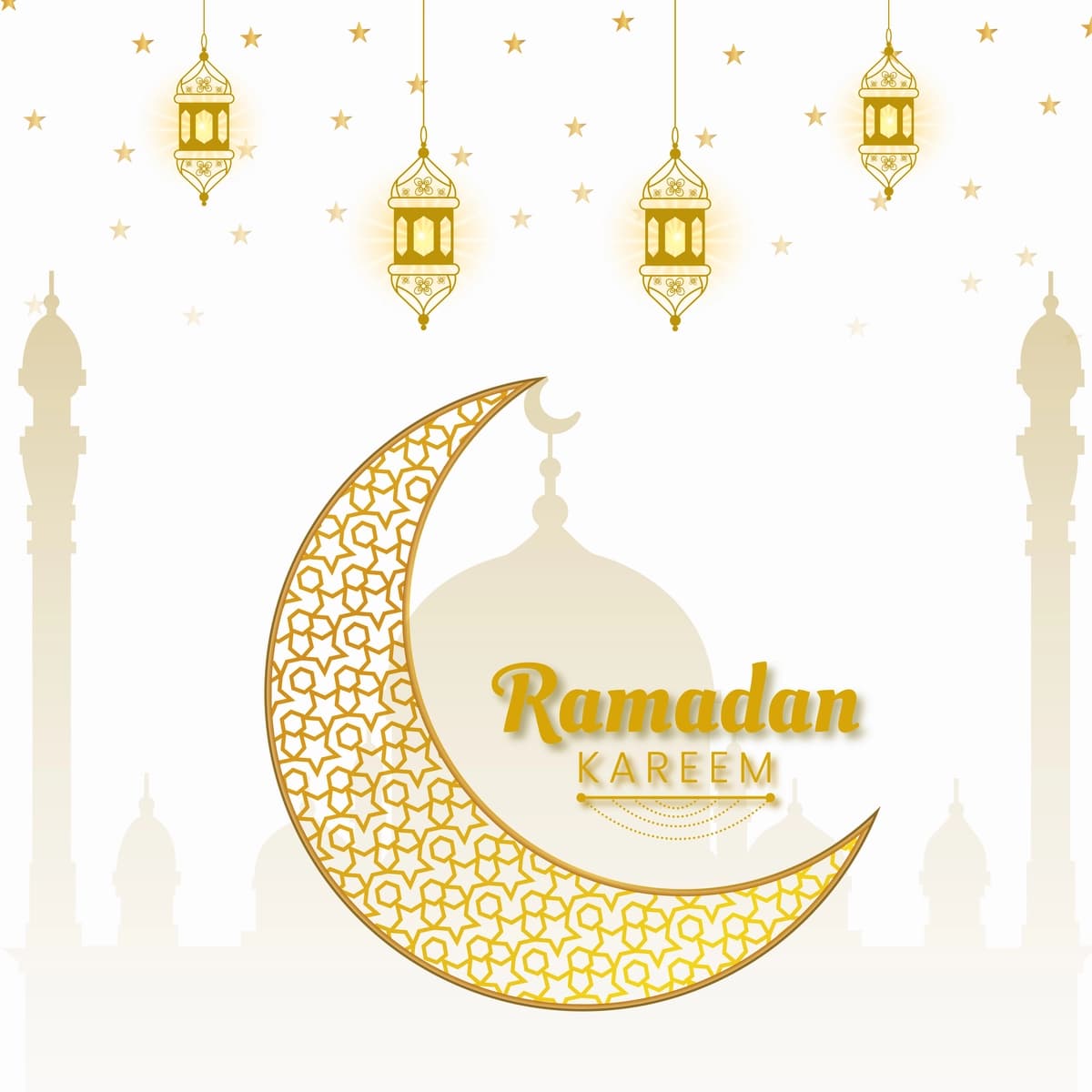 Oq rangli fonda oy yulduz lampalari bilan Ramazon karim tilaklari dizayni | Ramadan kareem wishing design with moon star lamps white color background