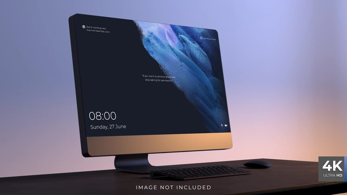 Sichqoncha klaviaturasi bilan ish stoli ekrani maketi 3D render | Desktop screen mockup with mouse keyboard 3d render
