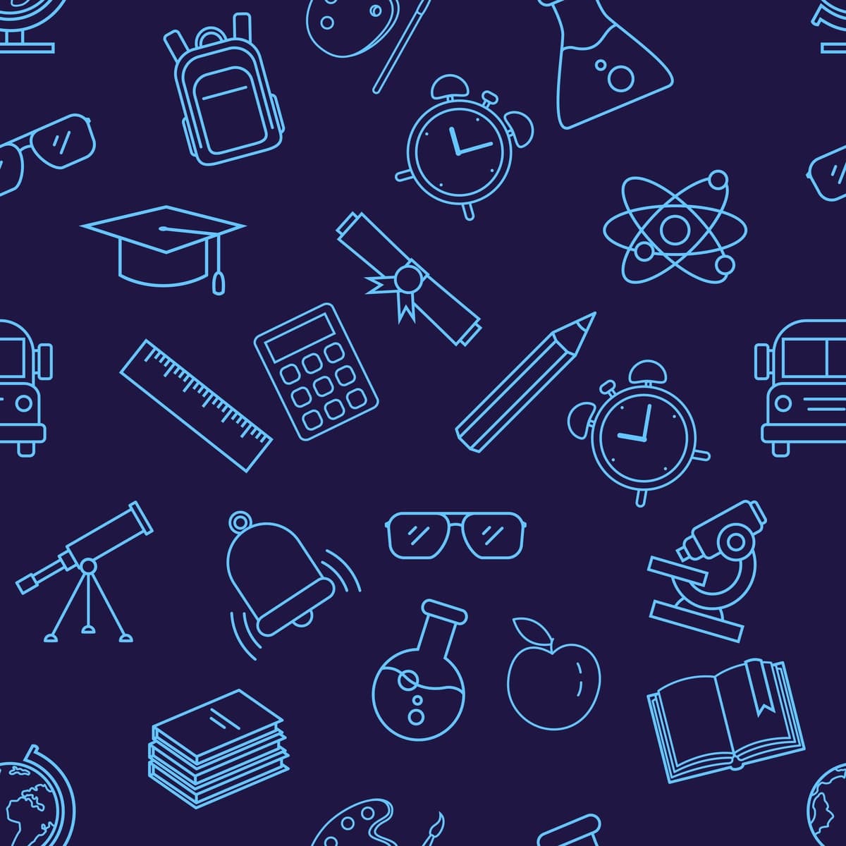 To'q ko'k fonda maktab piktogrammalarining konturli vektorli choksiz naqsh | Vector seamless pattern with outline school icons dark blue background