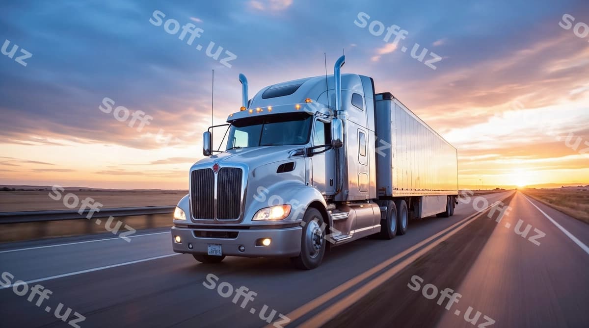 Yarim yuk mashinasi avtomagistralda quyosh botishi | Semi truck driving highway sunset