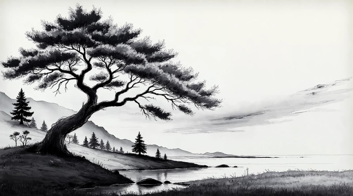 Qarag'ay daraxti bilan tinch monoxrom manzara | Serene monochrome landscape with pine tree
