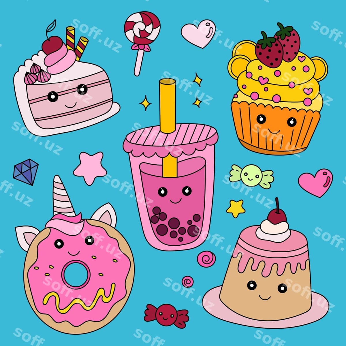 Komplekt chiroyli qo'l bilan chizilgan shirinliklar | Set cute handdrawn sweets