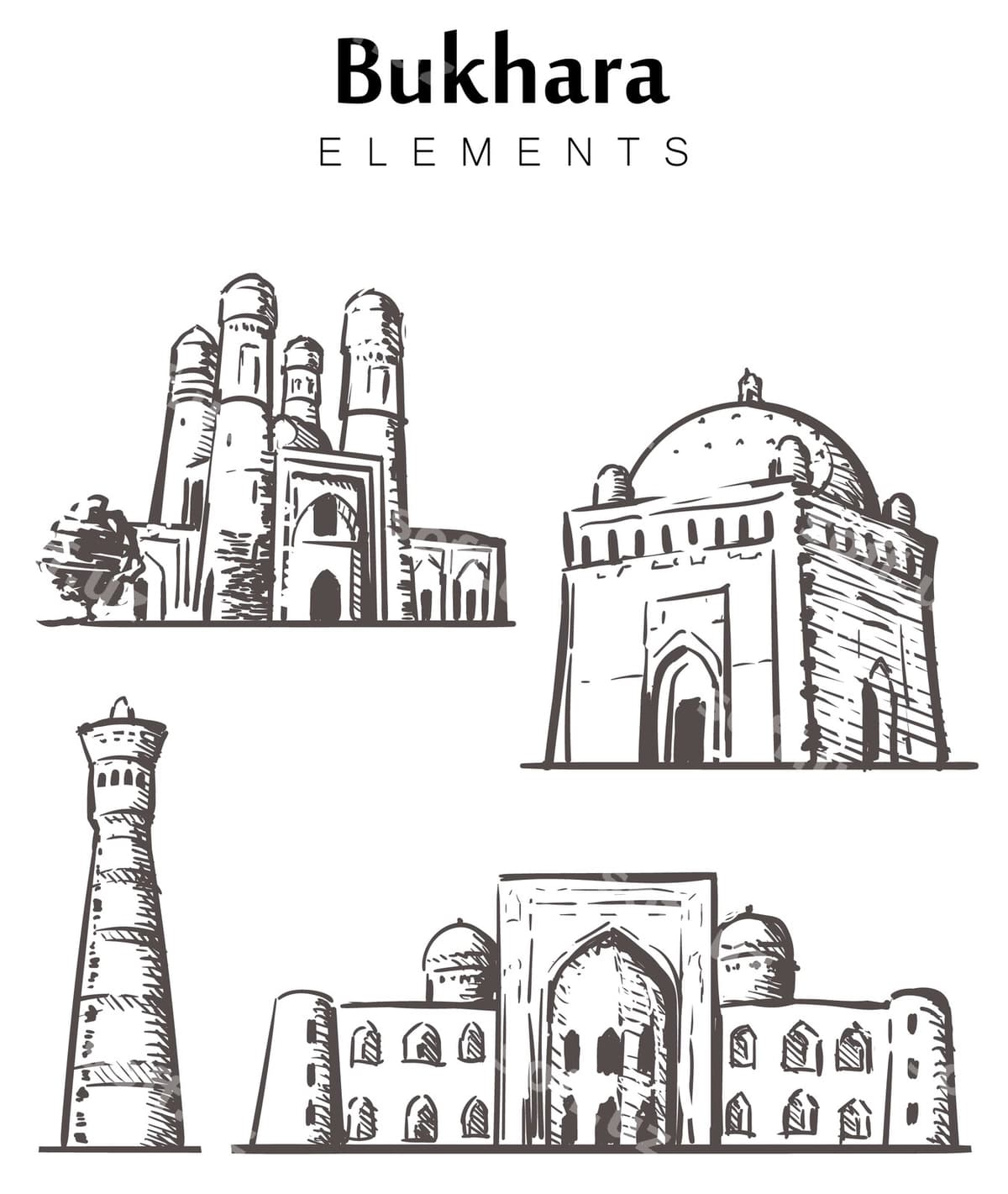 Qo'lda chizilgan Buxoro binolari to'plami | Set hand drawn bukhara buildings