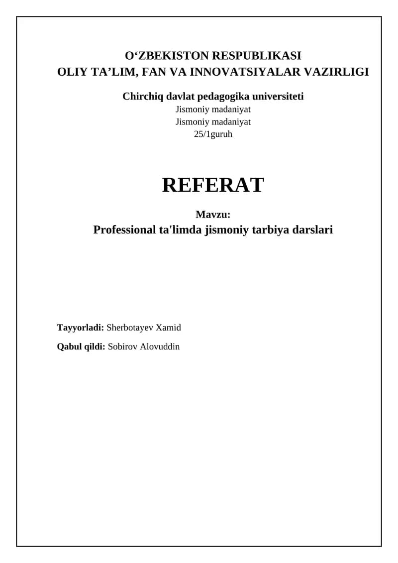 Professional ta'limda jismoniy tarbiya darslari