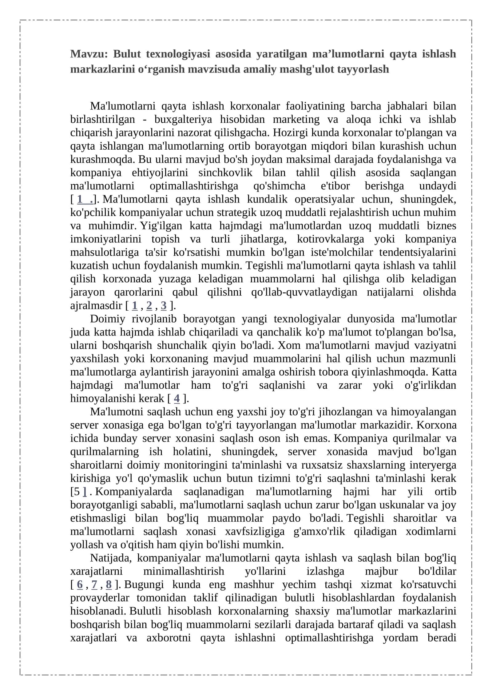 Ma'lumotlarni qayta ishlash markazlarini о‘rganish mavzisuda amaliy mashg'ulot tayyorlash