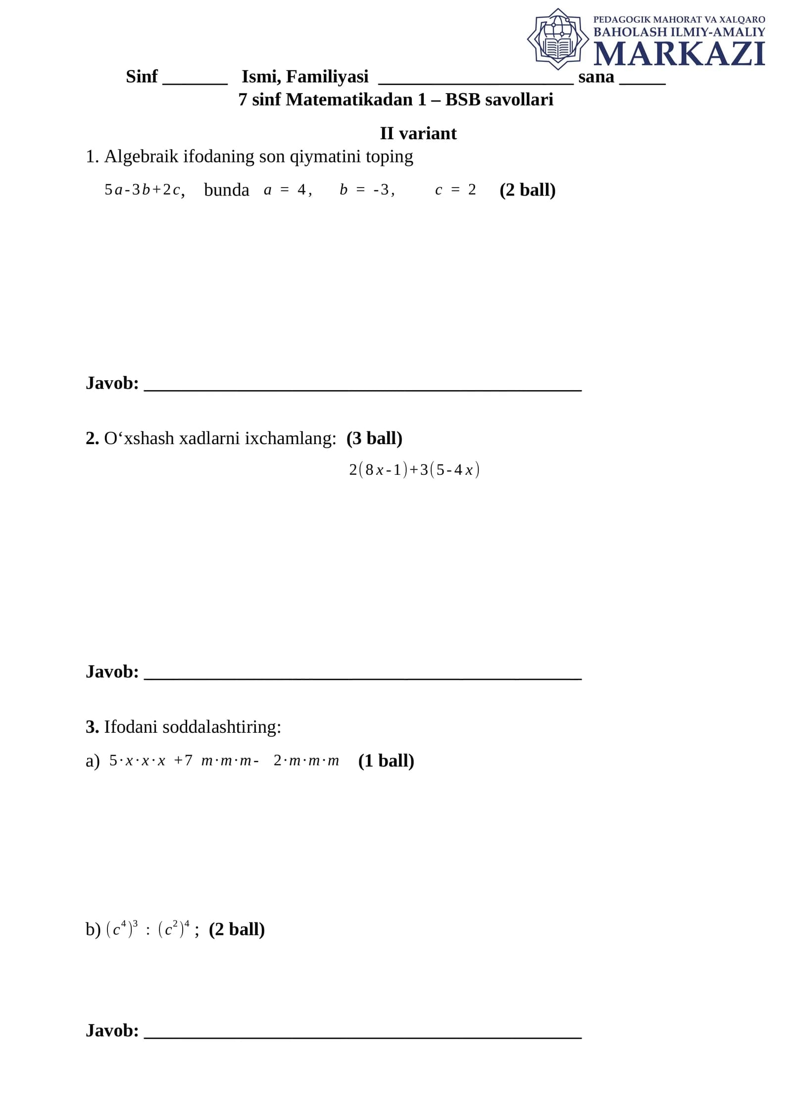 7 sinf Matematikadan 1 – BSB savollari II variant