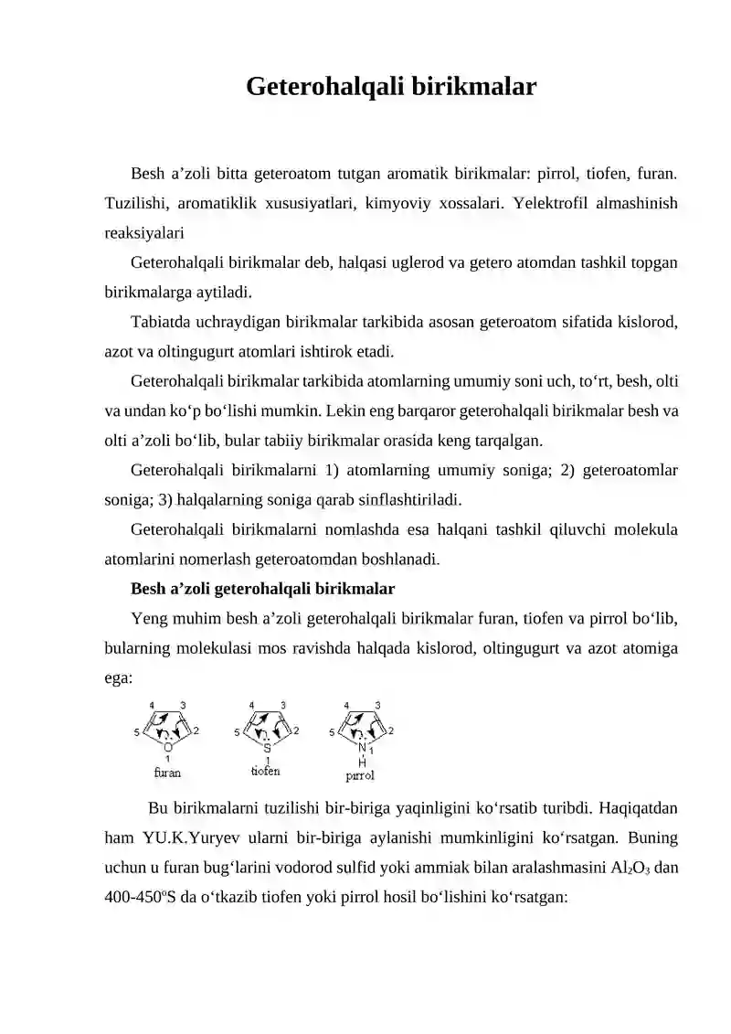 Besh a’zoli geterohalqali birikmalar