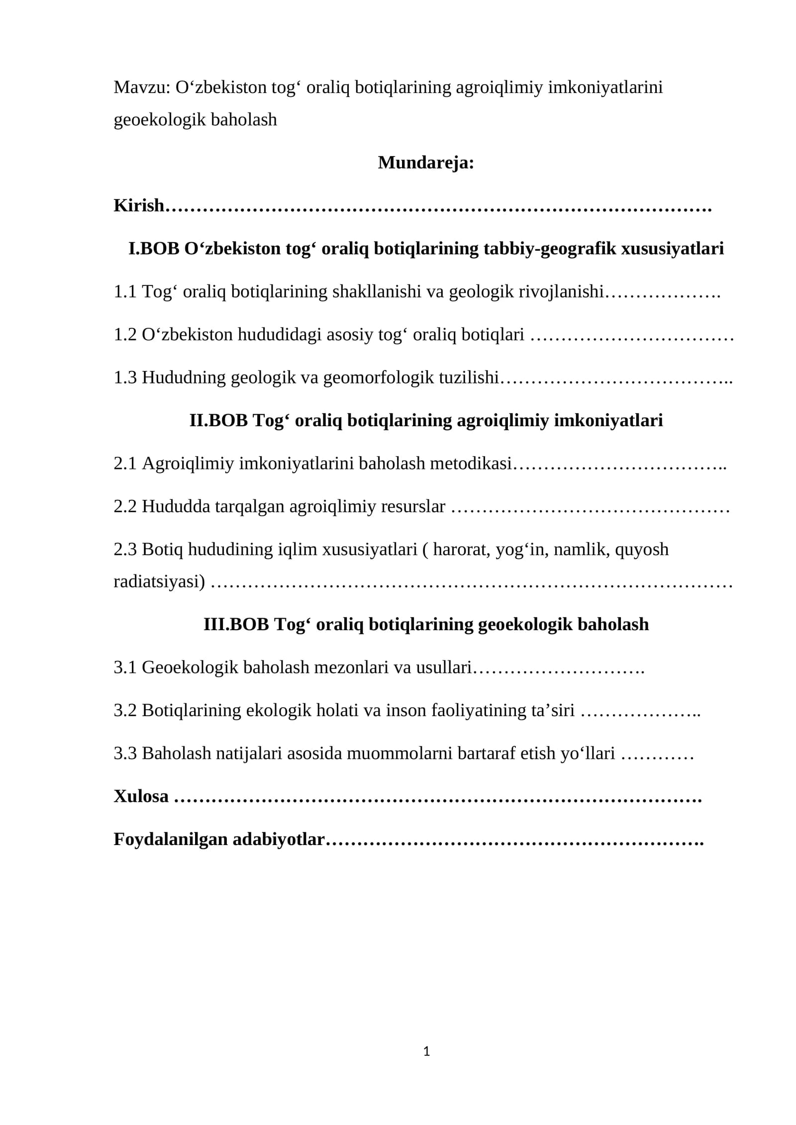 Oʻzbekiston togʻ oraliq botiqlarining agroiqlimiy imkoniyatlarini geoekologik baholash