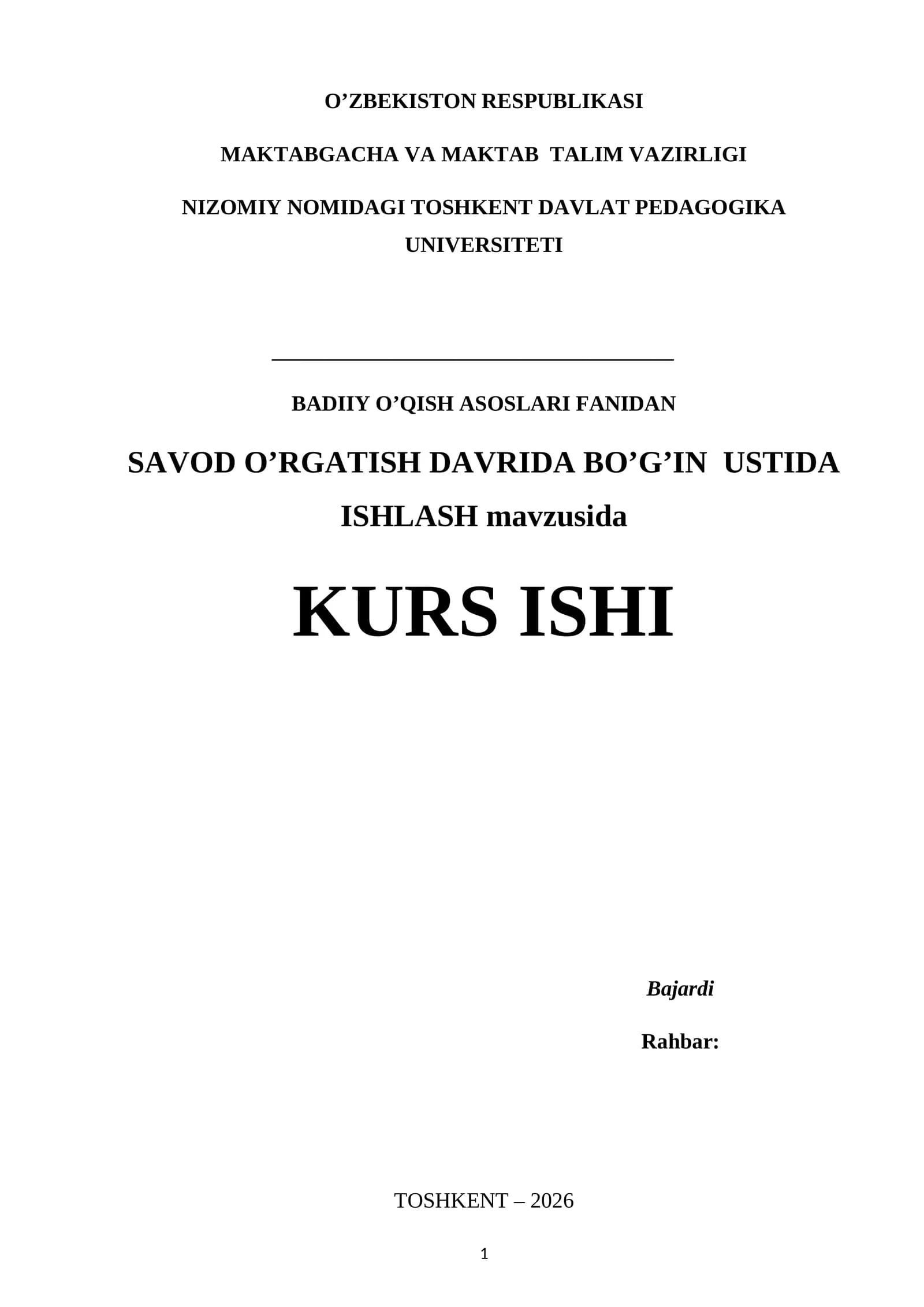SAVOD O’RGATISH DAVRIDA BO’G’IN  USTIDA ISHLASH KURS ISHI 2026 YIL