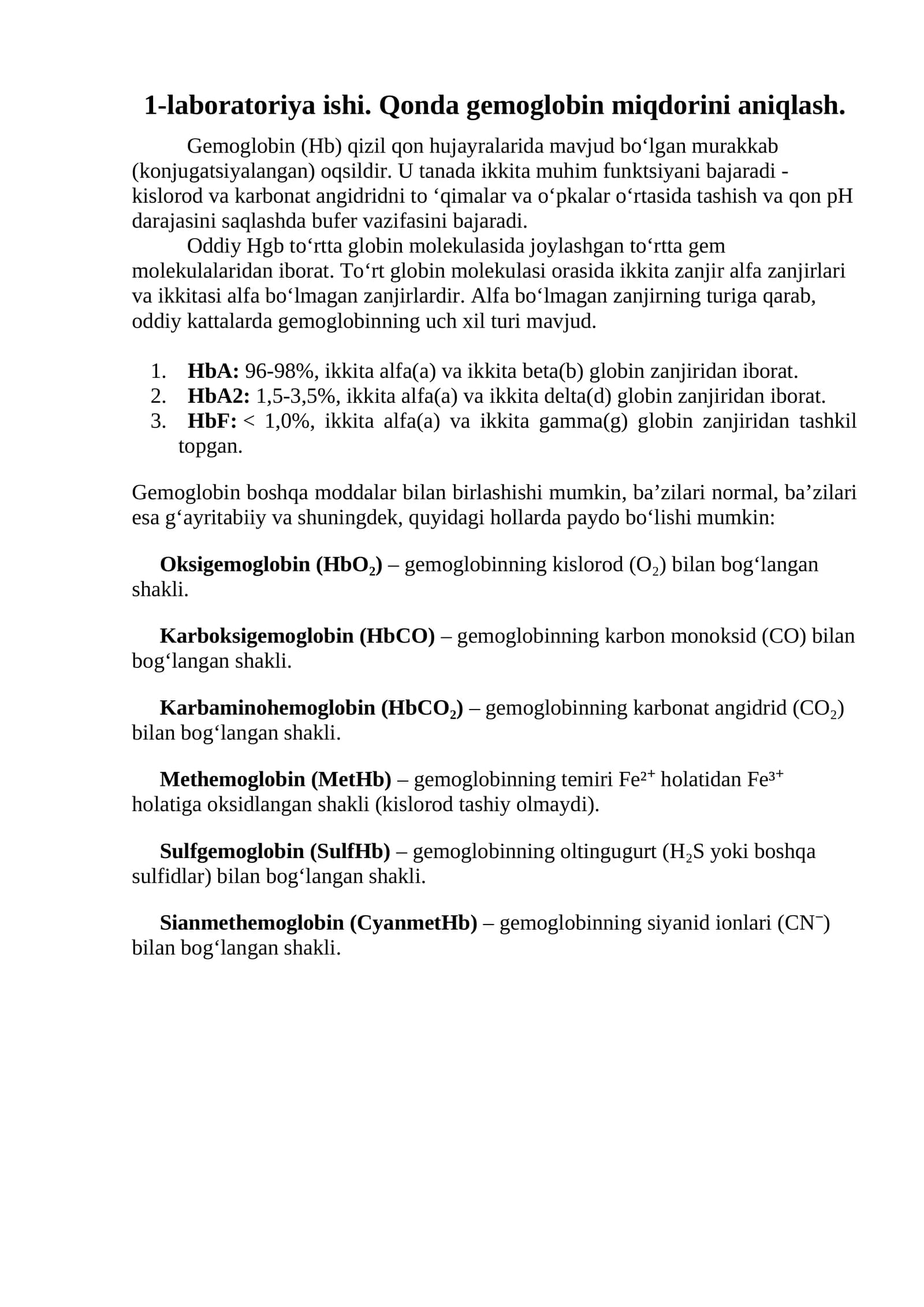 1-laboratoriya ishi. Qonda gemoglobin miqdorini aniqlash