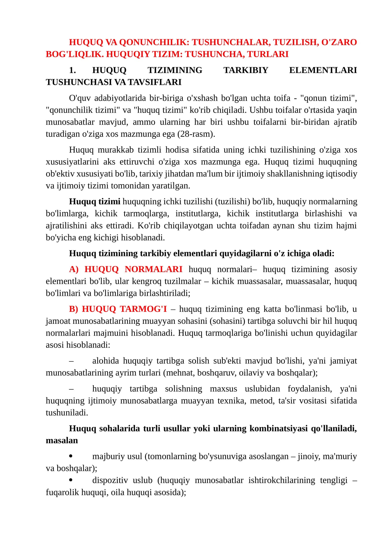 HUQUQ VA QONUNCHILIK: TUSHUNCHALAR, TUZILISH, O'ZARO BOG'LIQLIK. HUQUQIY TIZIM: TUSHUNCHA, TURLARI