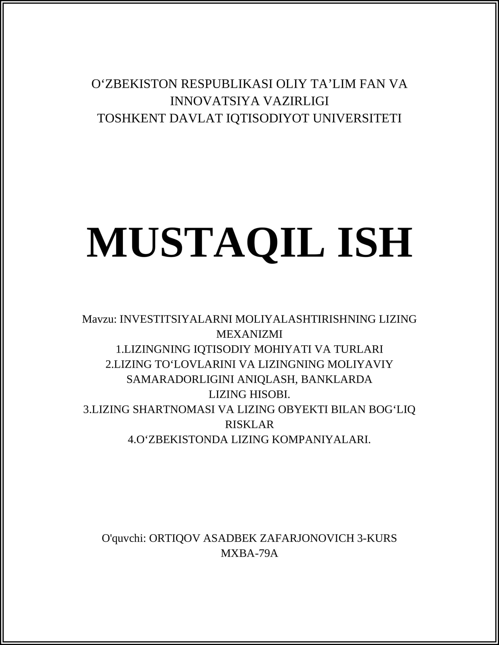 INVESTITSIYALARNI MOLIYALASHTIRISHNING LIZING MEXANIZMI