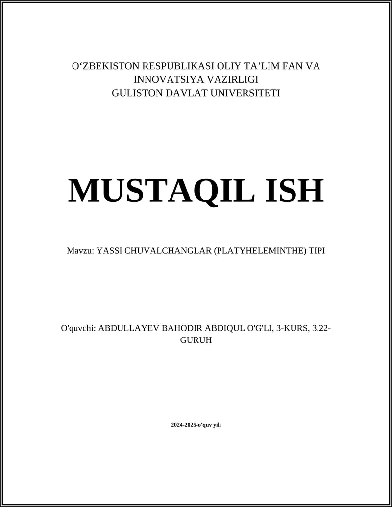 YASSI CHUVALCHANGLAR (PLATYHELEMINTHE) TIPI