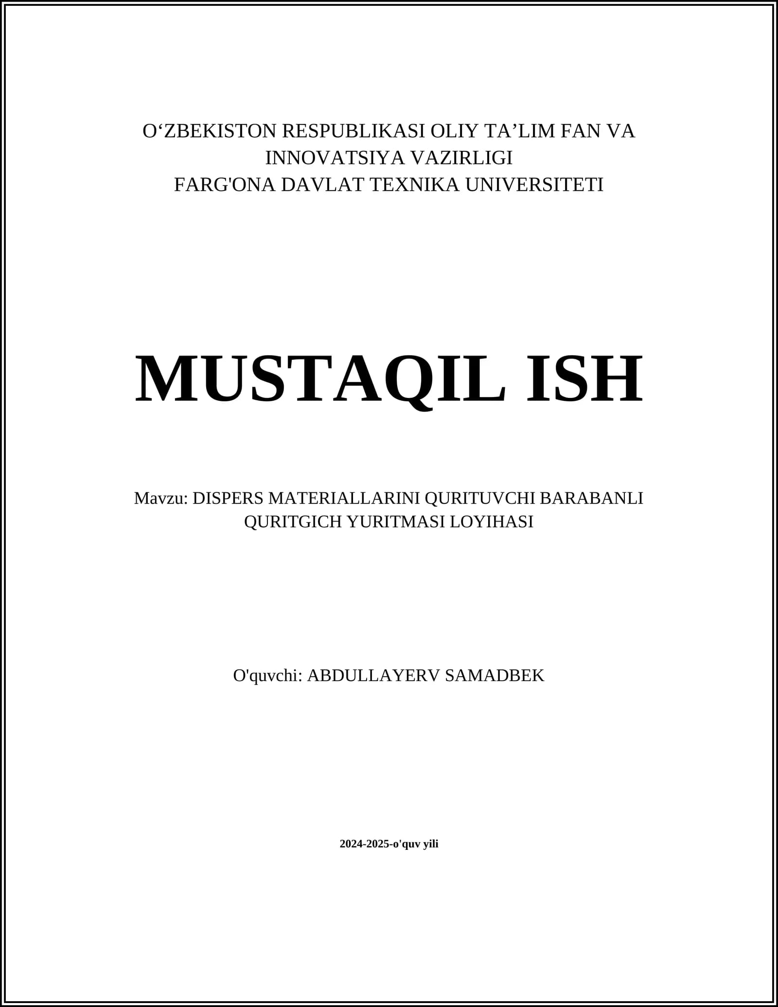 DISPERS MATERIALLARINI QURITUVCHI BARABANLI QURITGICH YURITMASI LOYIHASI