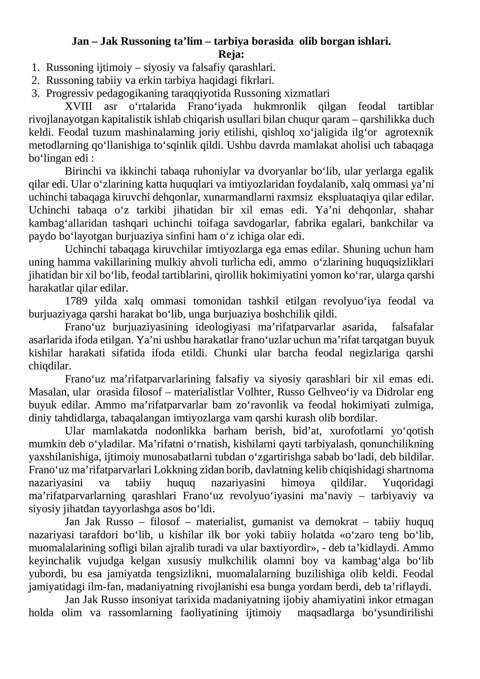 Jan – Jak Russoning ta’lim – tarbiya borasida olib borgan ishlari