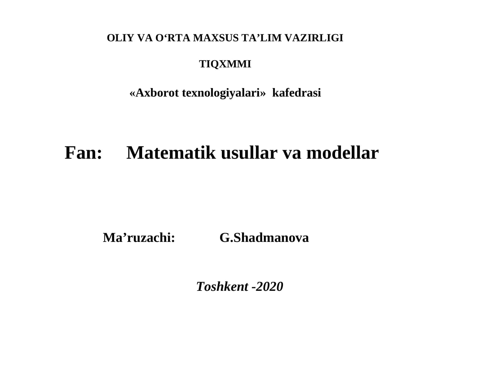 Fan: Matematik usullar va modellar