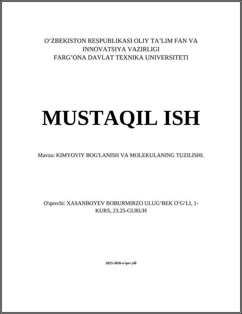 Kimyoviy bog'lanish va molekulaning tuzilishi
