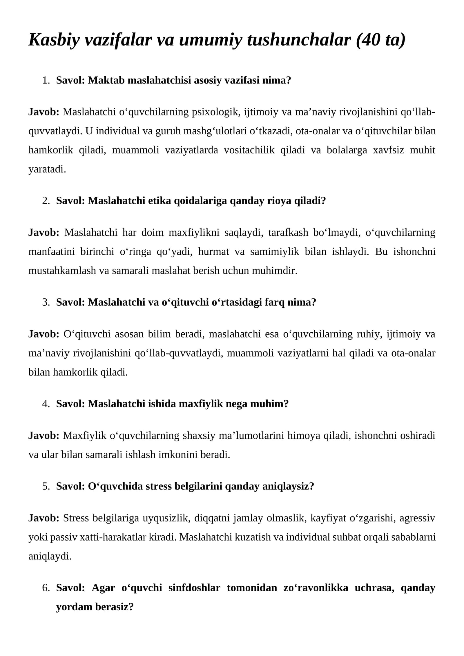 Maktab maslahatchisi ishi bo‘yicha suhbat  savollar va javoblari