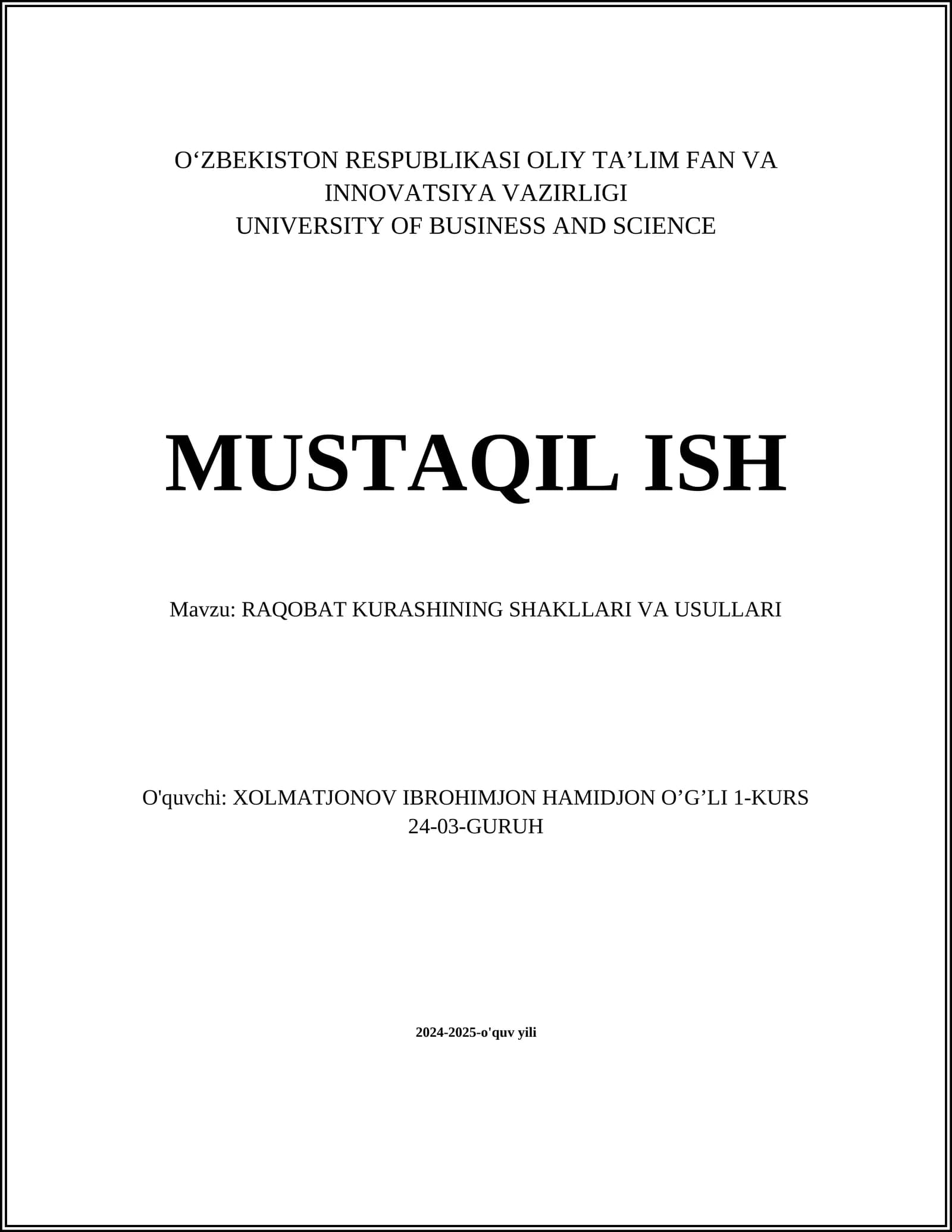 RAQOBAT KURASHINING SHAKLLARI VA USULLARI
