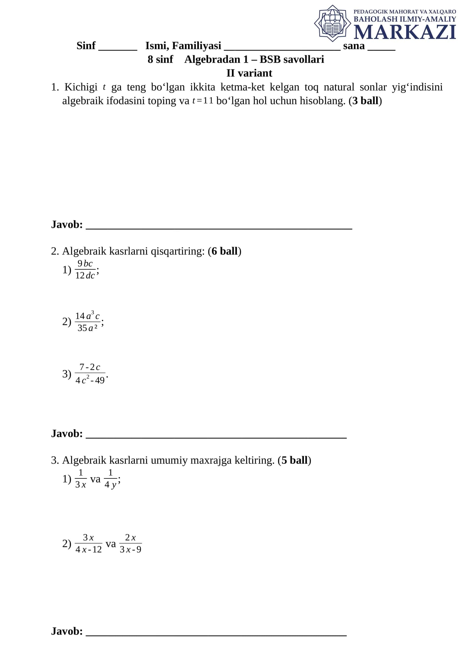 8 sinf Algebradan 1 – BSB savollari