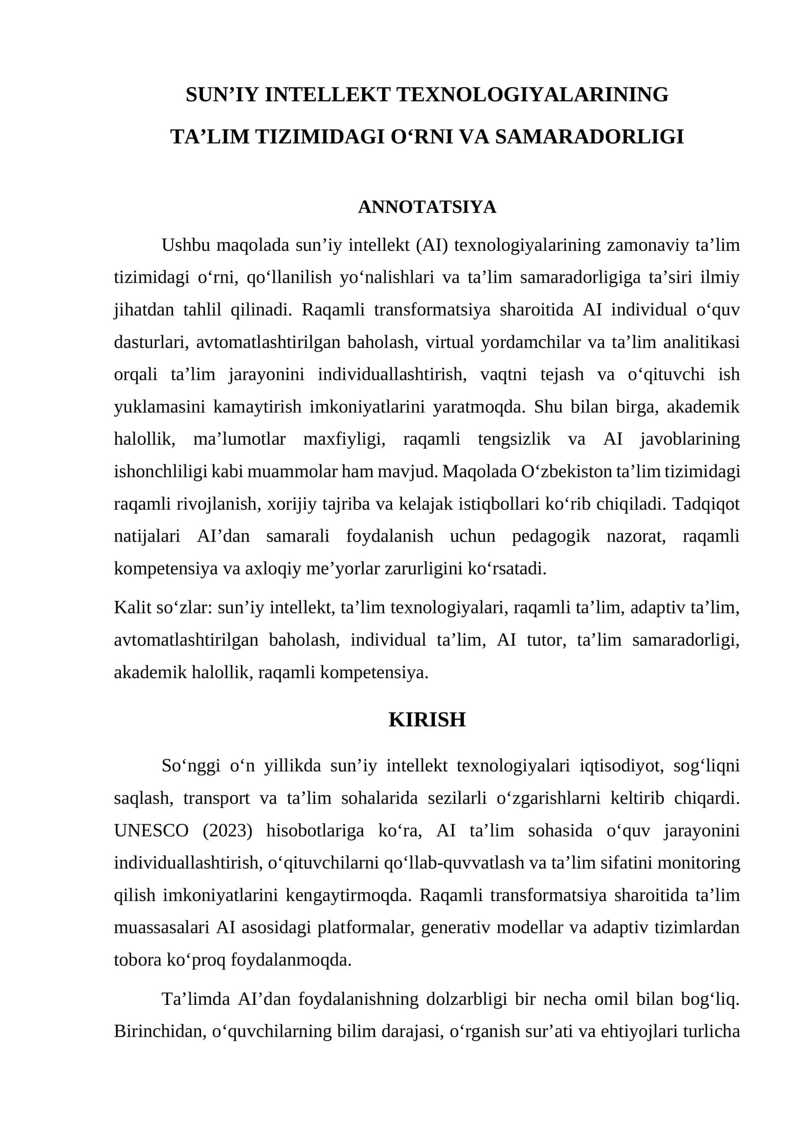 SUN’IY INTELLEKT TEXNOLOGIYALARINING TA’LIM TIZIMIDAGI O‘RNI VA SAMARADORLIGI