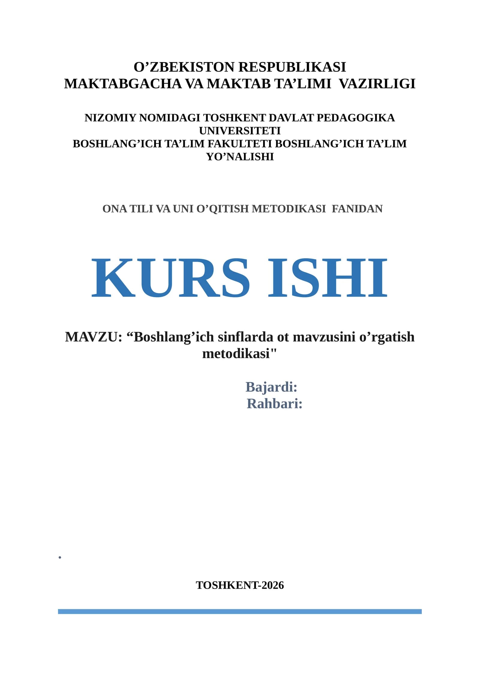 Boshlang’ich sinflarda ot mavzusini o’rgatish metodikasi KURS ISHI 2026 YIL