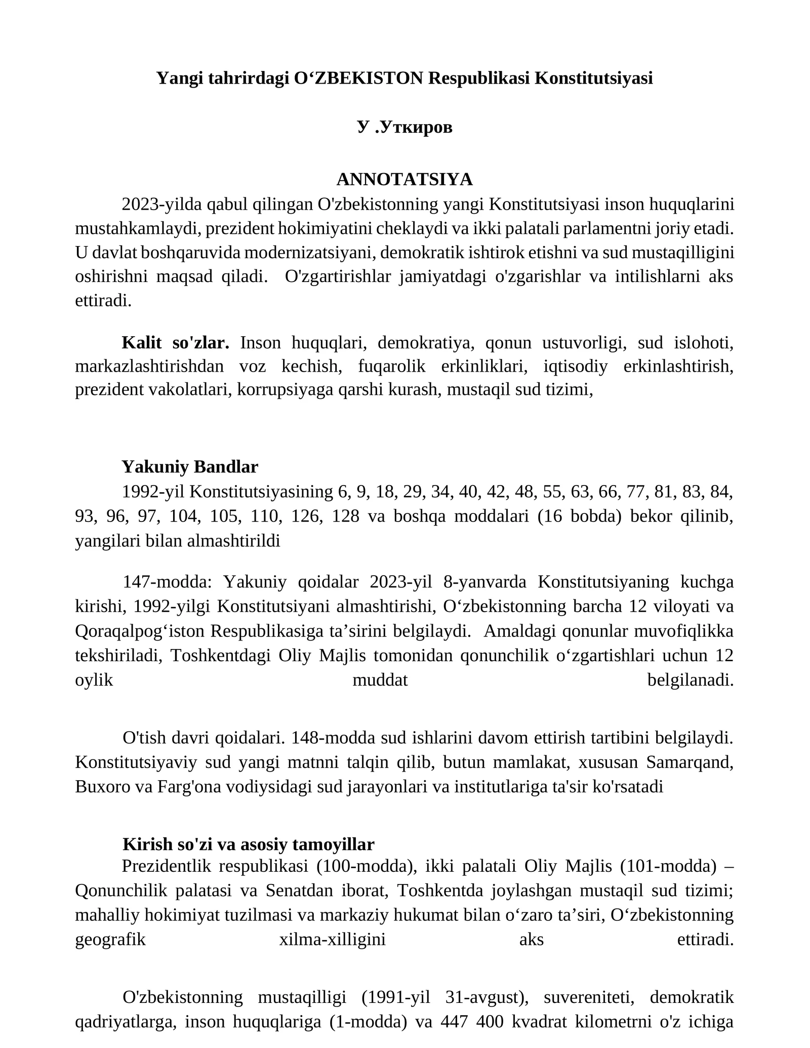 OʻZBEKISTON Respublikasi Yangi Konstitutsiyasi