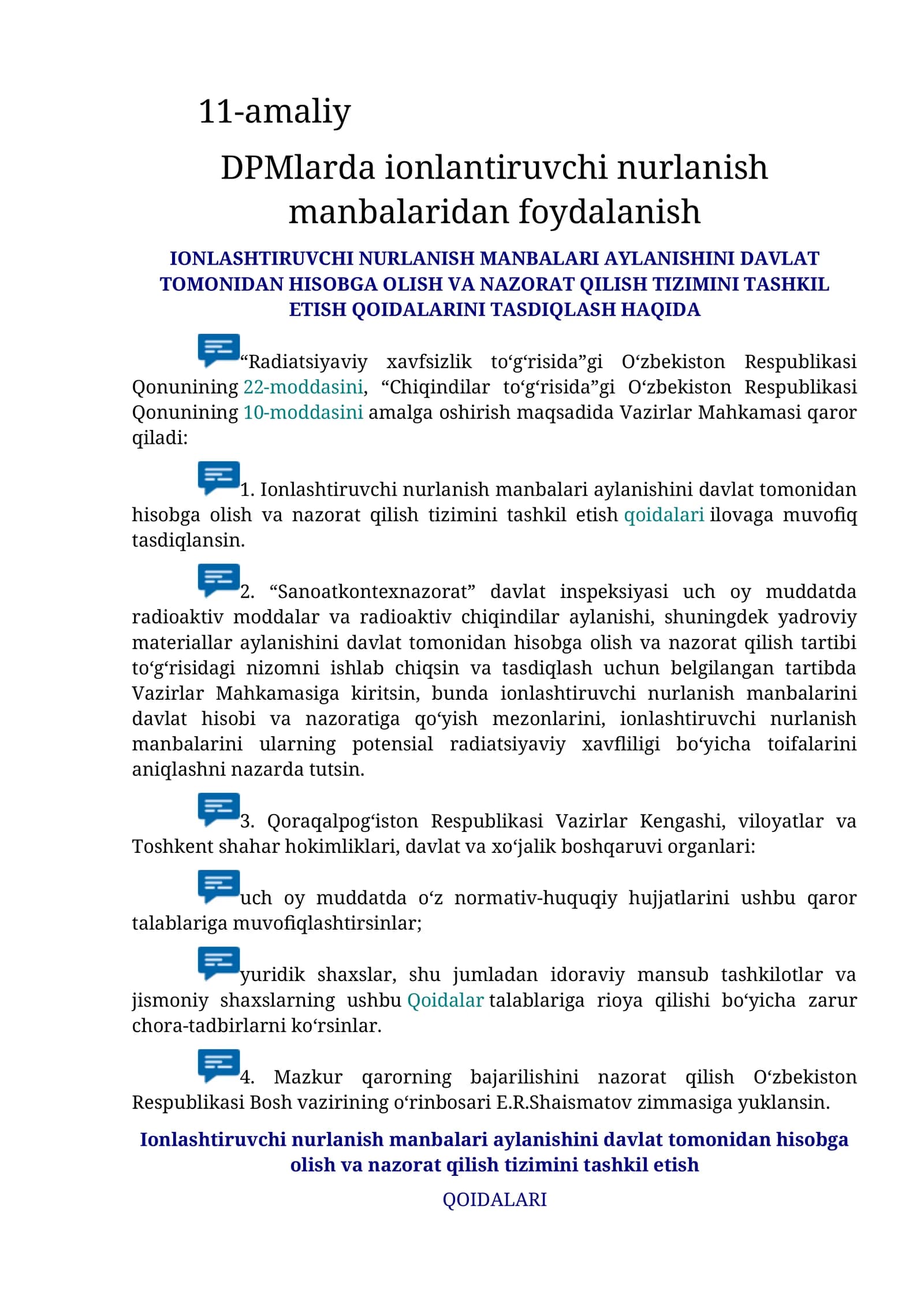 Ionlashtiruvchi nurlanish manbalari aylanishini davlat tomonidan hisobga olish va nazorat qilish tizimini tashkil etish