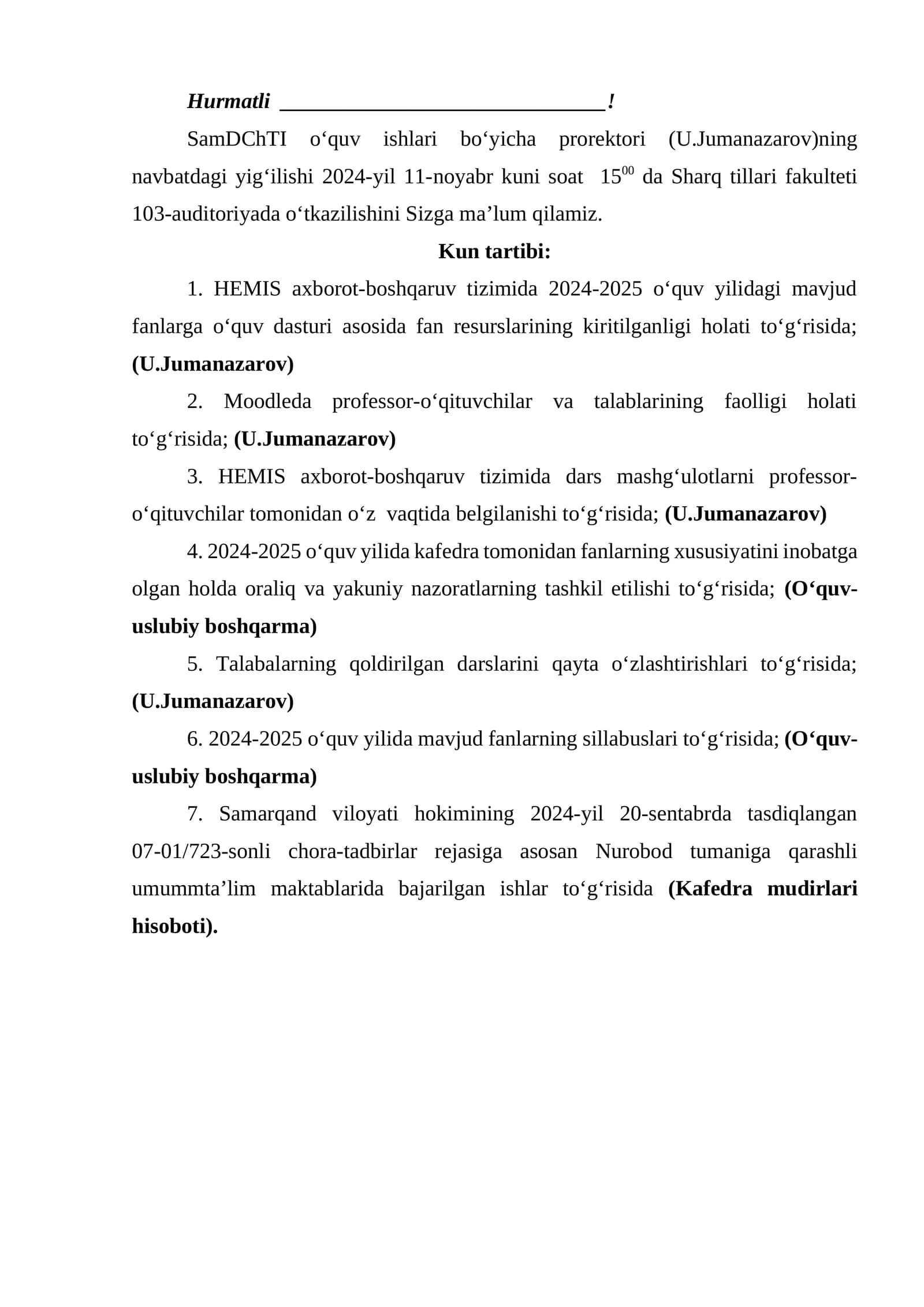 O‘quv yilidagi mavjud fanlarga o‘quv dasturi asosida fan resurslarining kiritilganligi