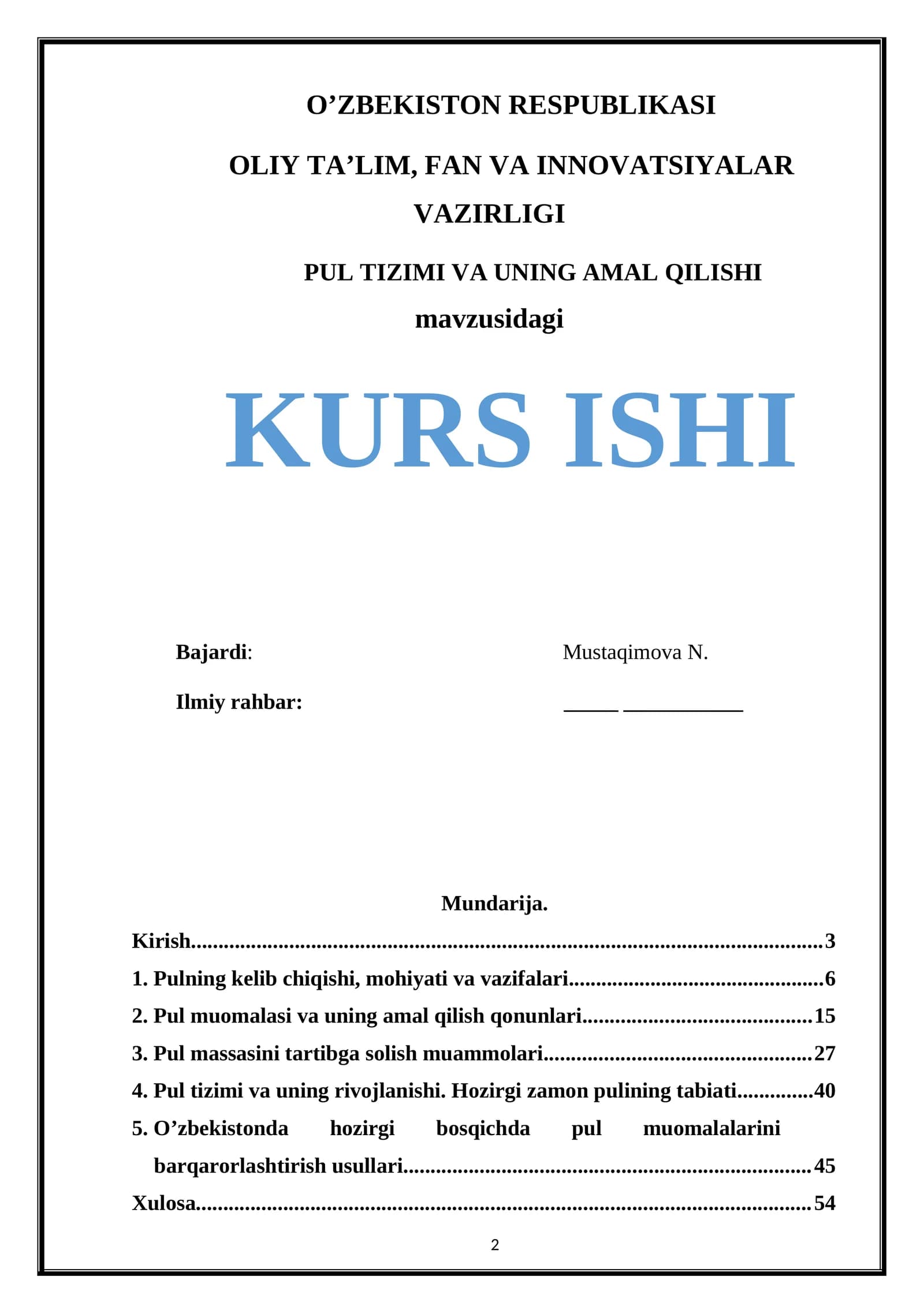 PUL TIZIMI VA UNING AMAL QILISHI