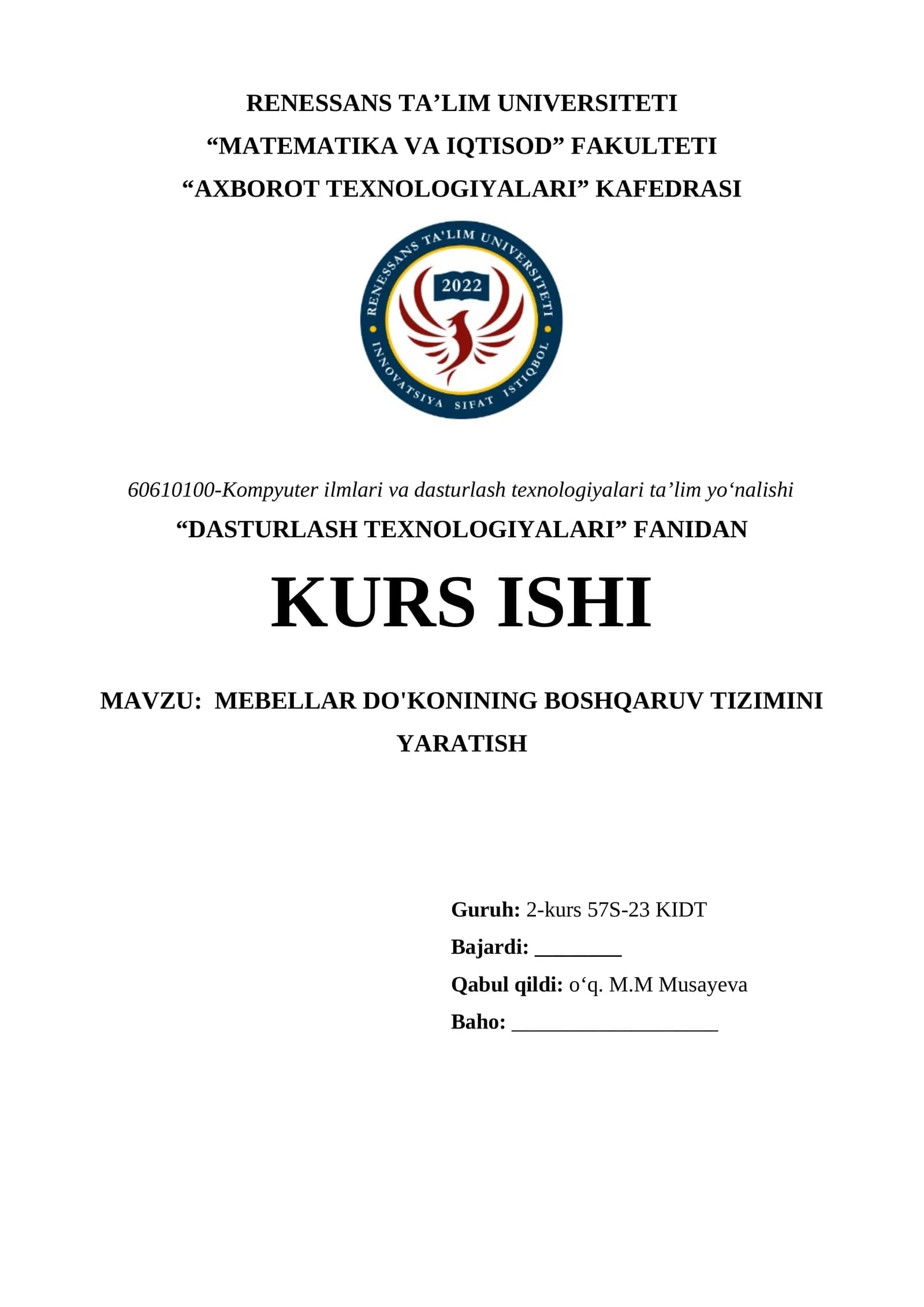 MEBELLAR DO'KONINING BOSHQARUV TIZIMINI YARATISH