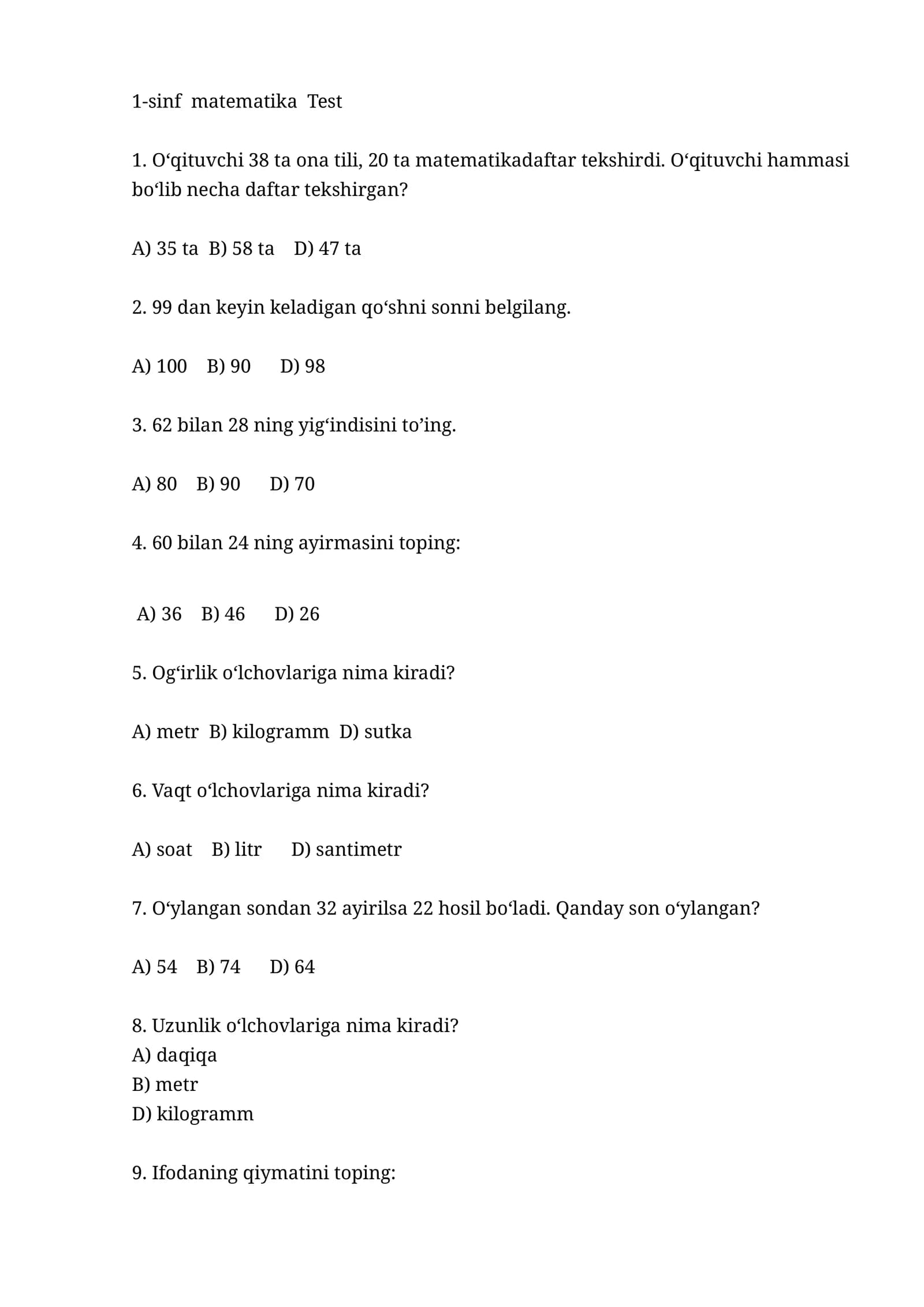 1-sinf matematika Test