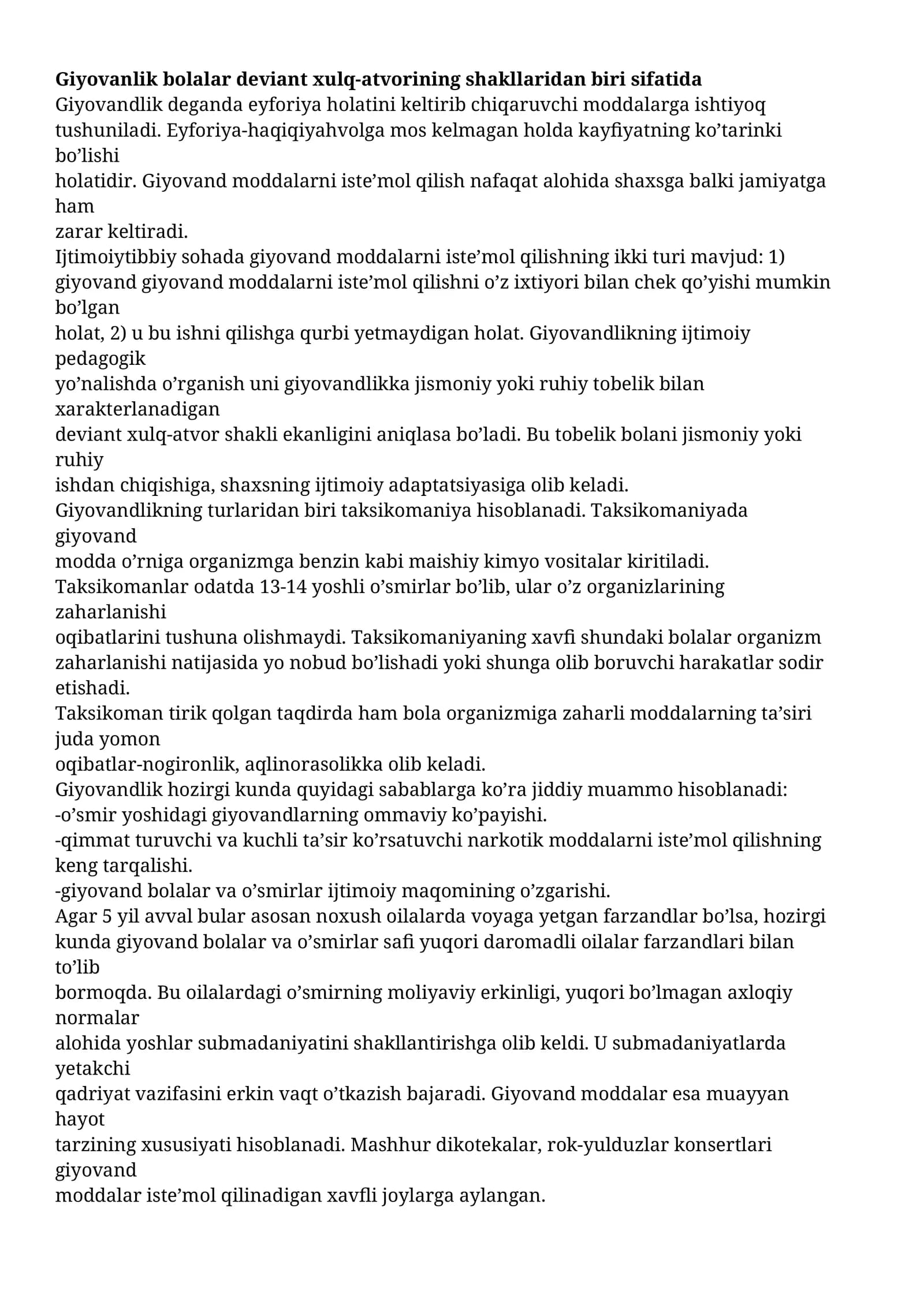 Giyovandlik va ijtimoiy pedagogik muammolari