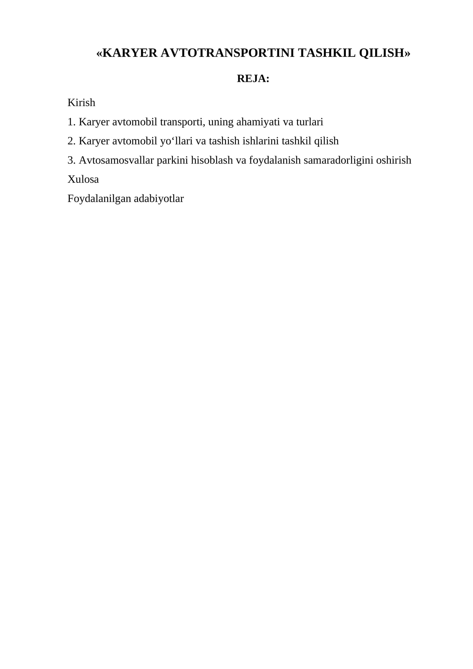 Karyer Avtotransportini Tashkil Qilish