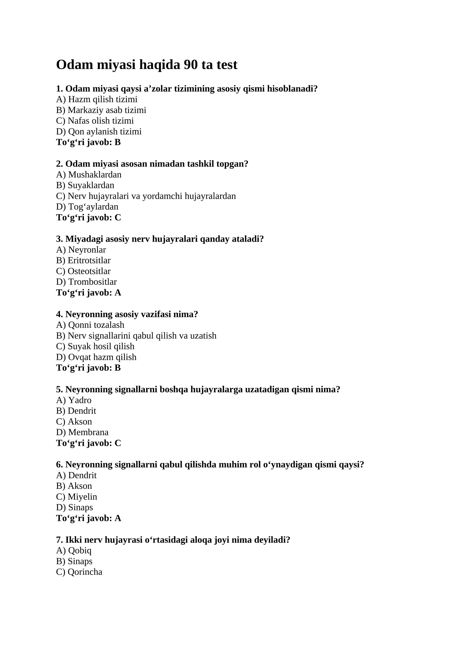Odam miyasi haqida 90 ta test