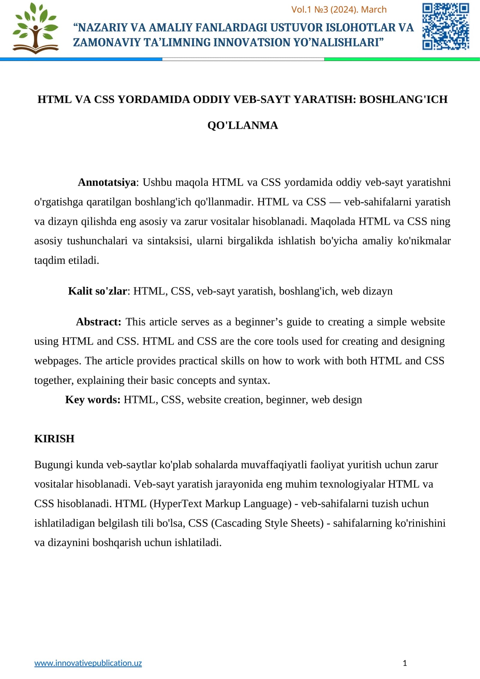 HTML VA CSS YORDAMIDA ODDIY VEB-SAYT YARATISH: BOSHLANG'ICH QO'LLANMA