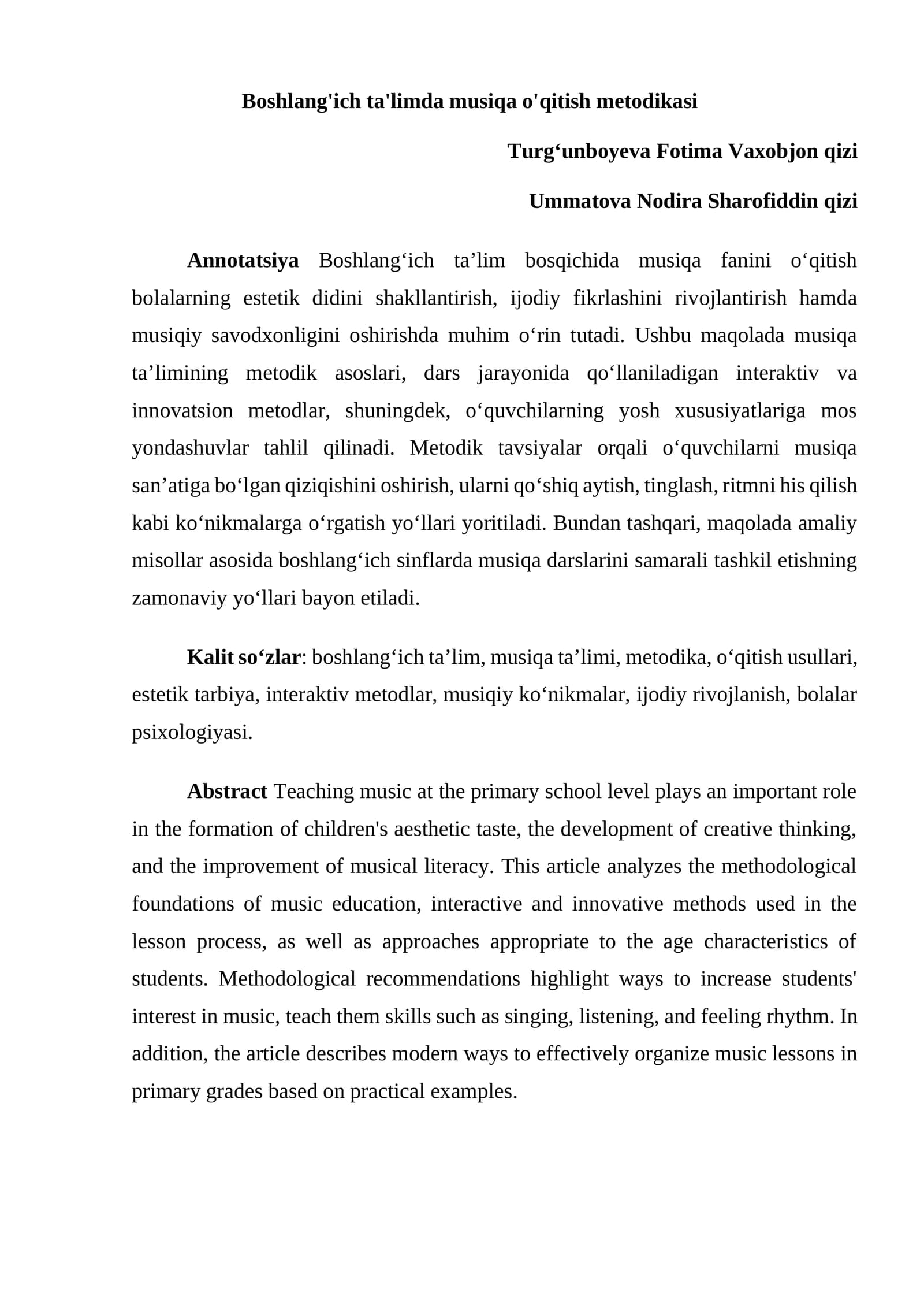 Boshlang'ich ta'limda musiqa o'qitish metodikasi