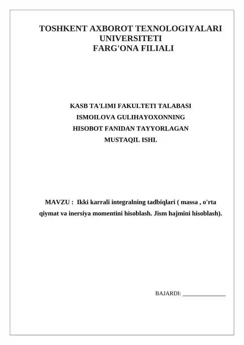 Ikki karrali integralning tadbiqlari