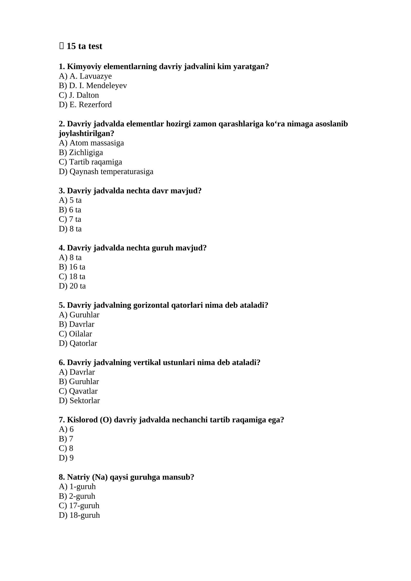 Kimyoviy Elementlar Davriy Jadvali Testi