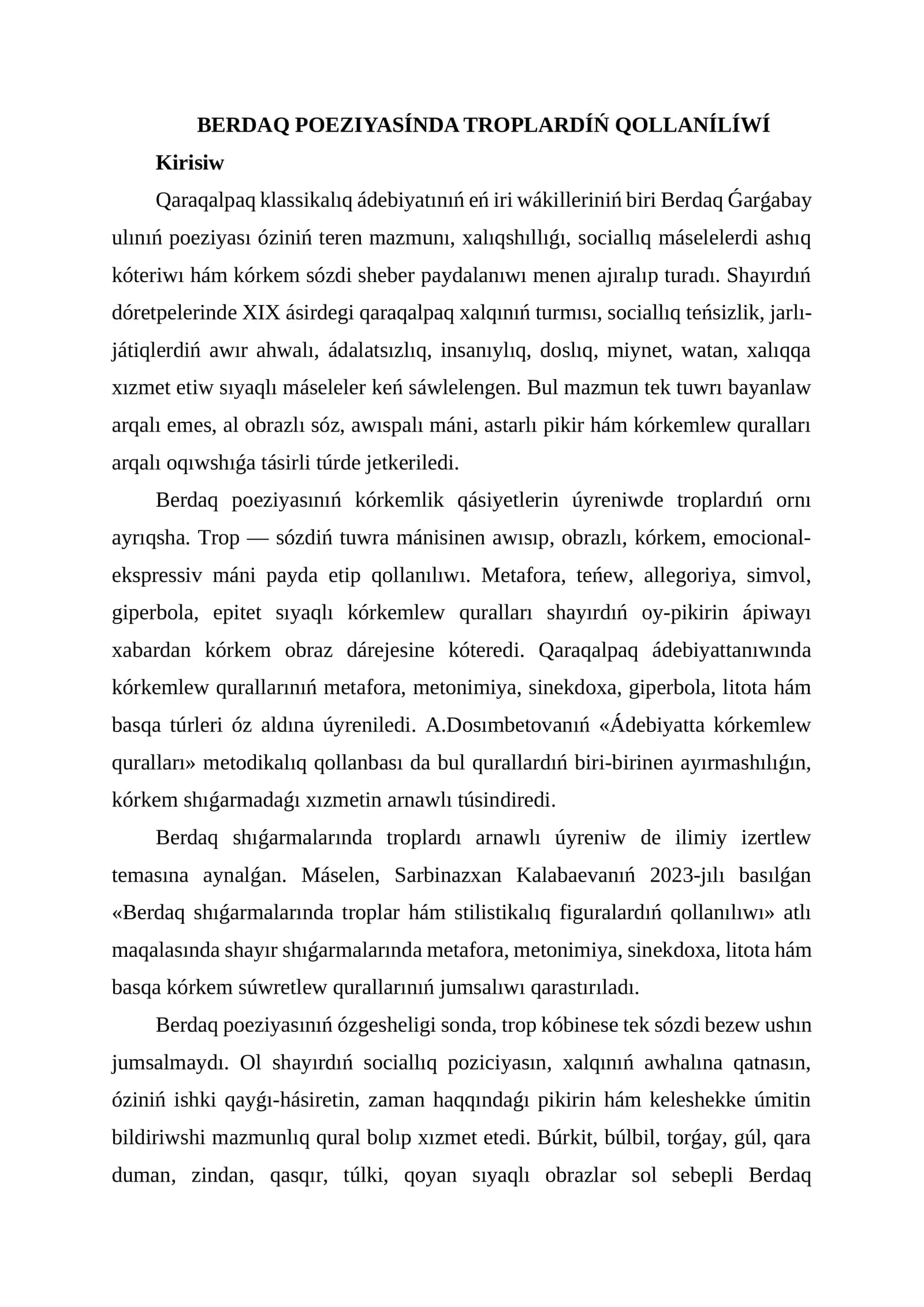 Berdaq Poeziyasínda TroplardíŃ Qollanílíwí