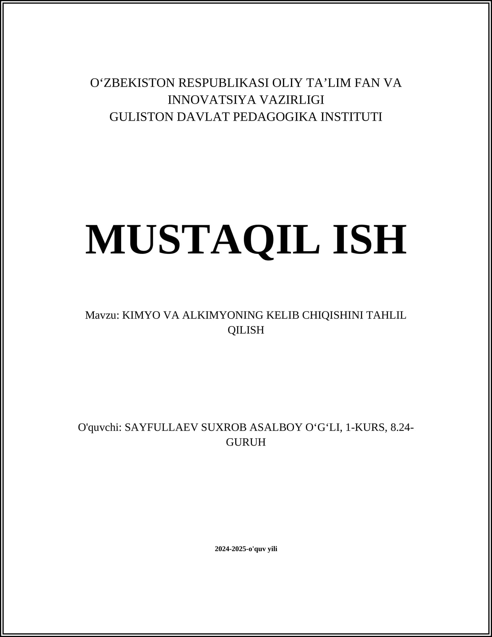 KIMYO VA ALKIMYONING KELIB CHIQISHINI TAHLIL QILISH