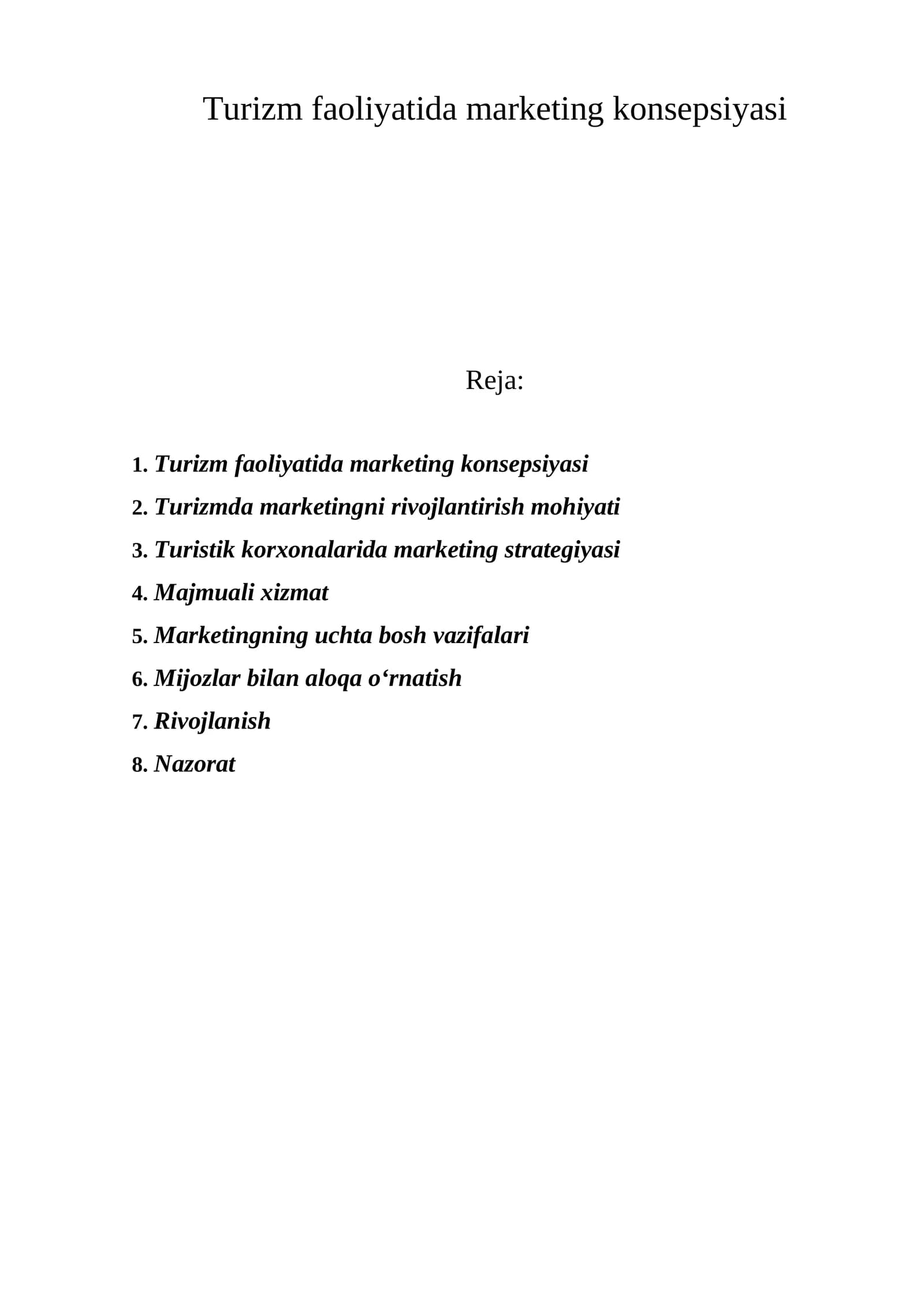 Turizm faoliyatida marketing konsepsiyasi