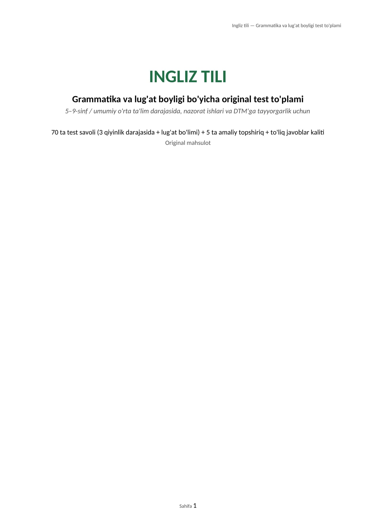 Ingliz tili — Grammatika va lug'at boyligi test to'plami